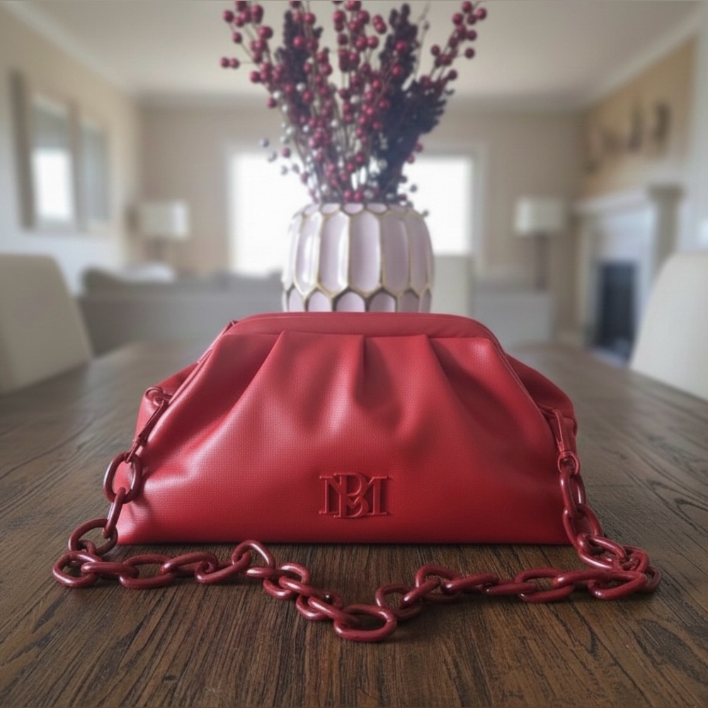 Badgley Mischka Red Faux Leather Clutch with a removable chain strap NWT